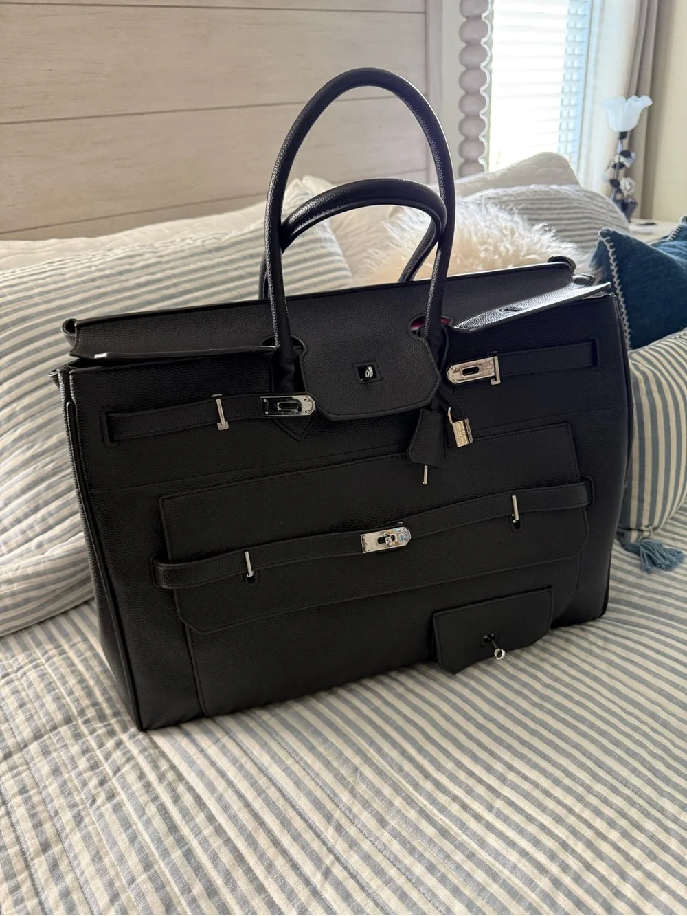 Classic Black Leather Tote Bag with Silver Hardware
